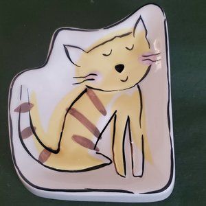 Jenny Faw Striped Yellow Kitty Cat Soap Dish Trinket Tray Soap Sponge
